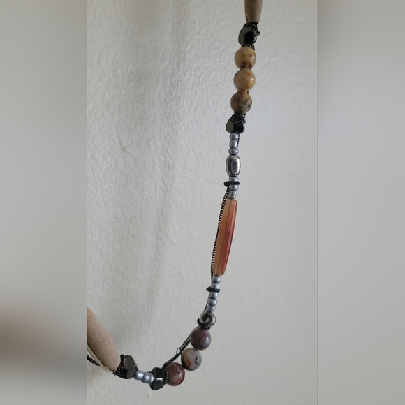 Chico's 3 Strand Stone and Bead Necklace and Earring Set, Silver, Brown, Cream. - Picture 4 of 10